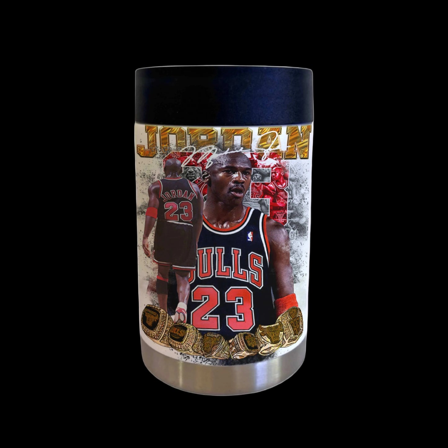 Stubby Cooler with Michael Jordan design featuring his name and number 23 on a white background