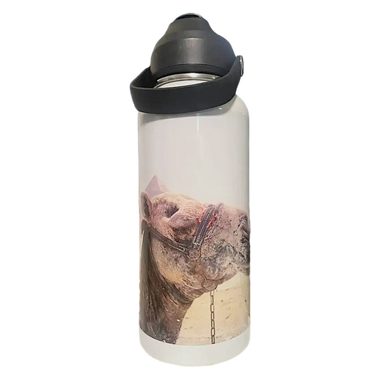 Clear water bottle with a camel design on a white background